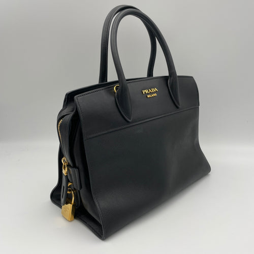 Esplanade Black Top Handle Bag in Saffiano Leather, Gold hardware