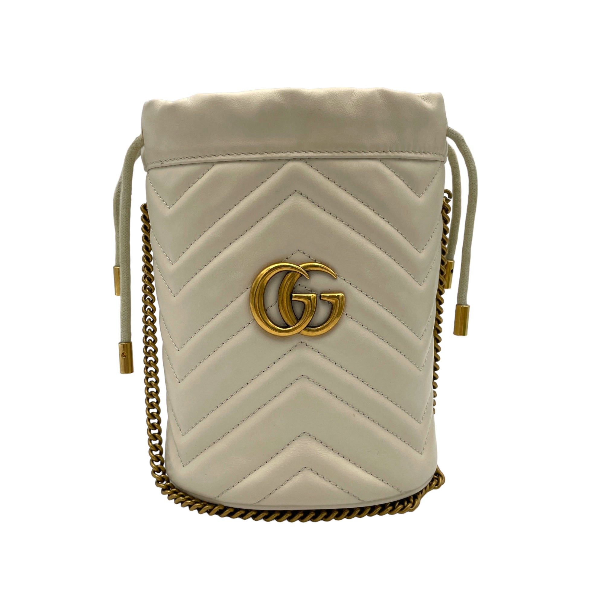 Marmont White Bucket Bag in Calfskin, Gold hardware