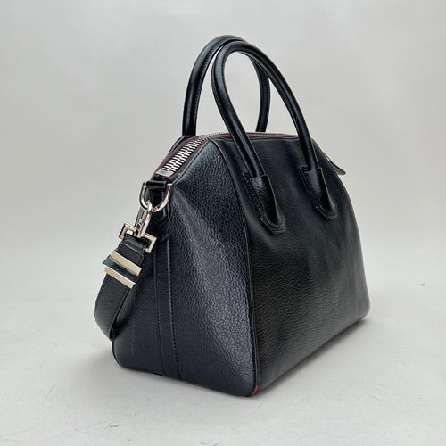 Antigona Small Black Top Handle Bag in Calfskin, Silver hardware