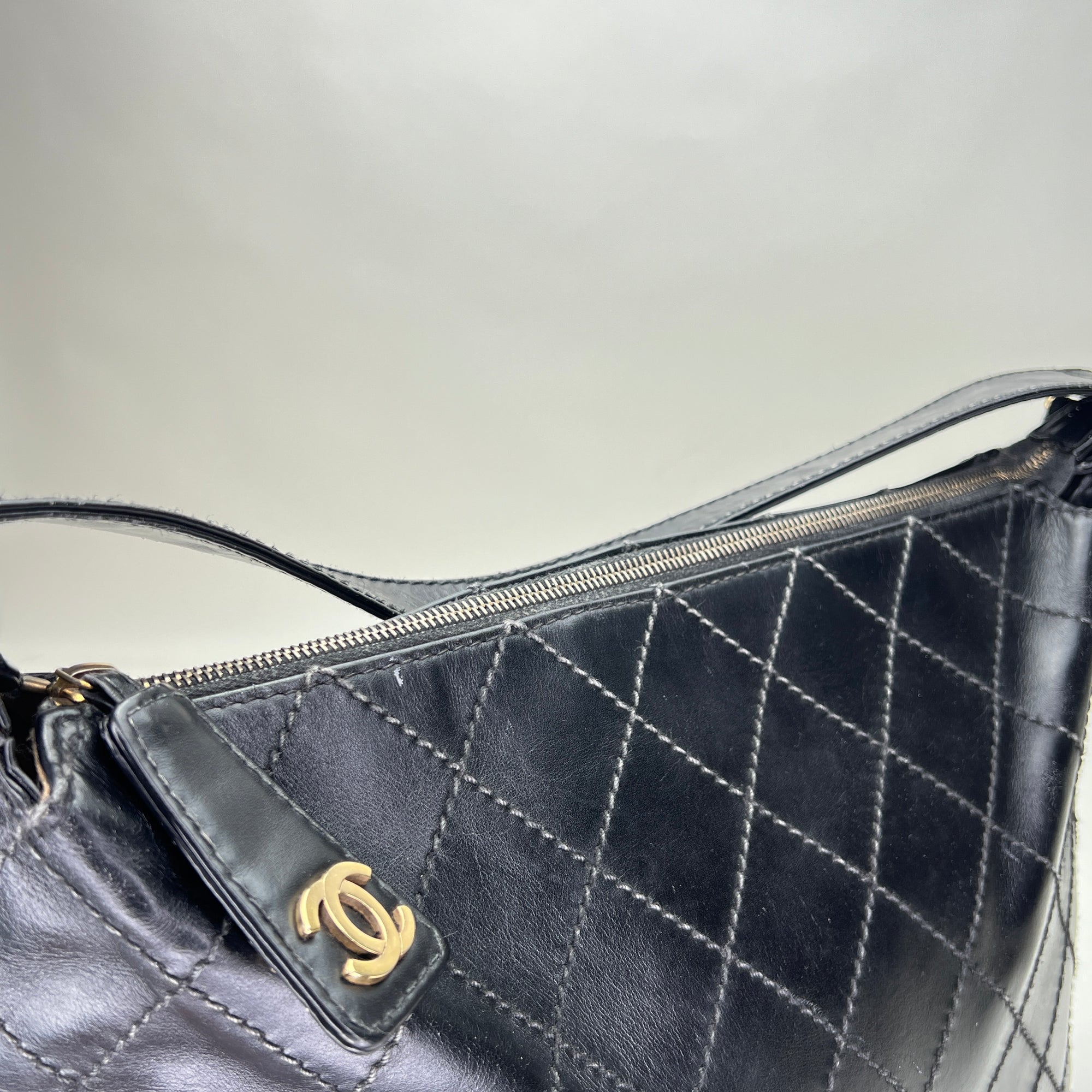 Stitches Black Shoulder Bag in Calfskin, Gold hardware