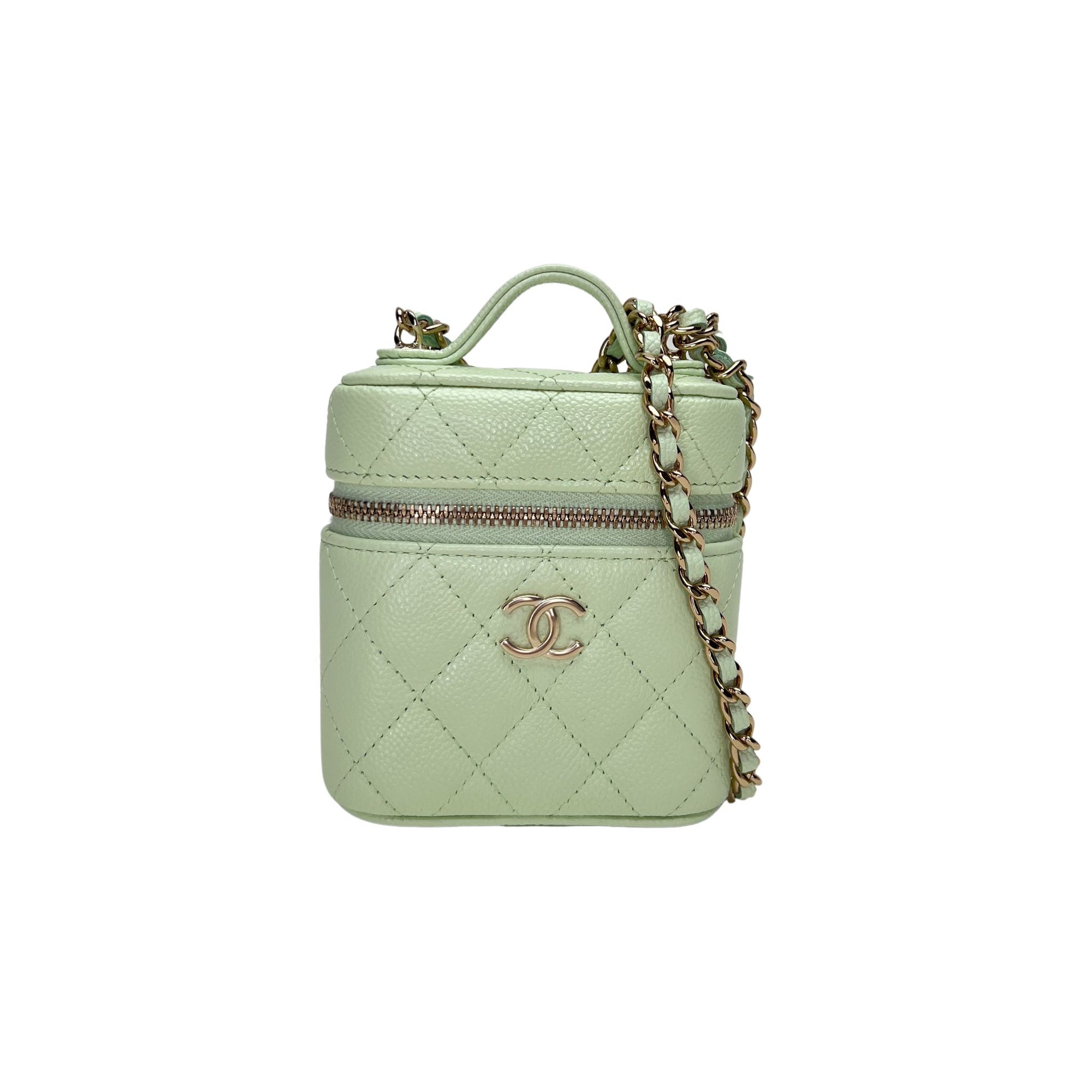 Vanity Mini Green Crossbody Bag in Caviar Leather, Gold hardware