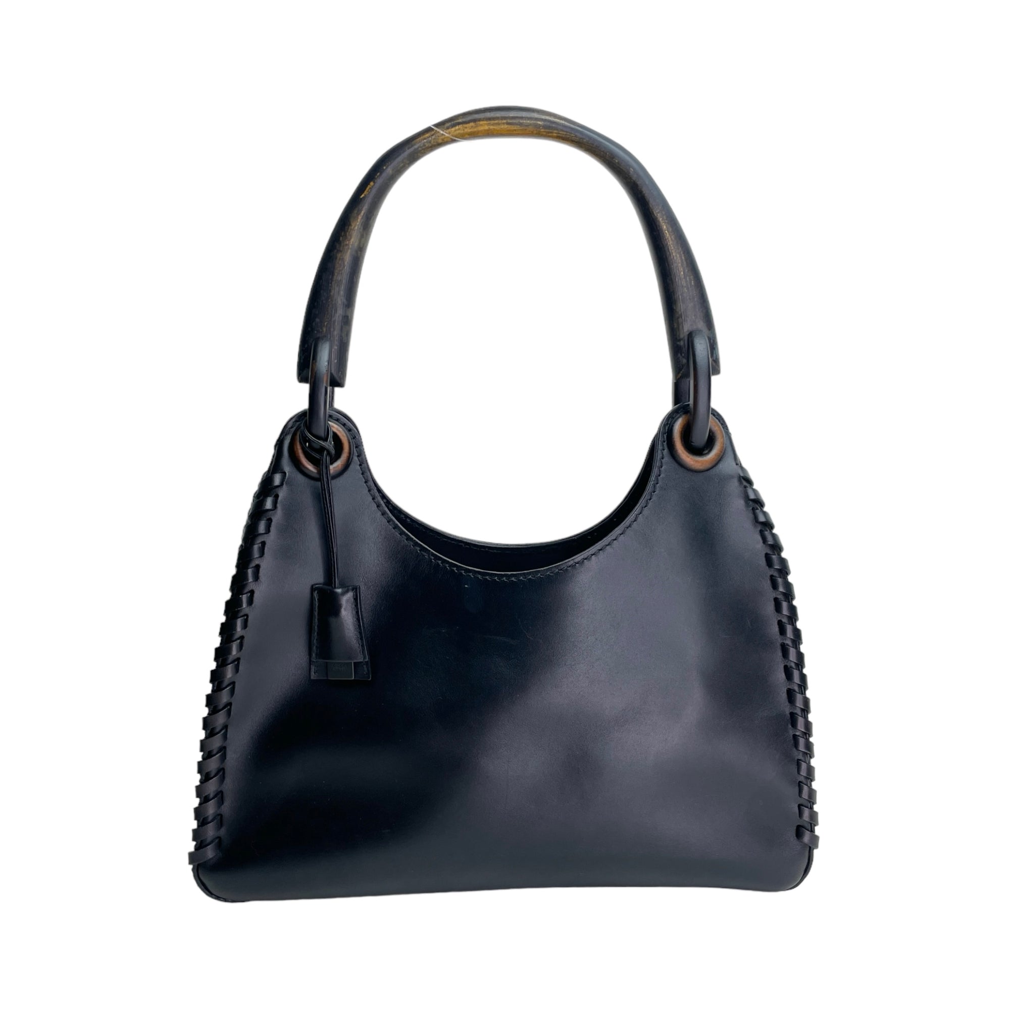 Whipstitch Wooden Handle Hobo Black Shoulder Bag in Calfskin, Lacquered Metal hardware