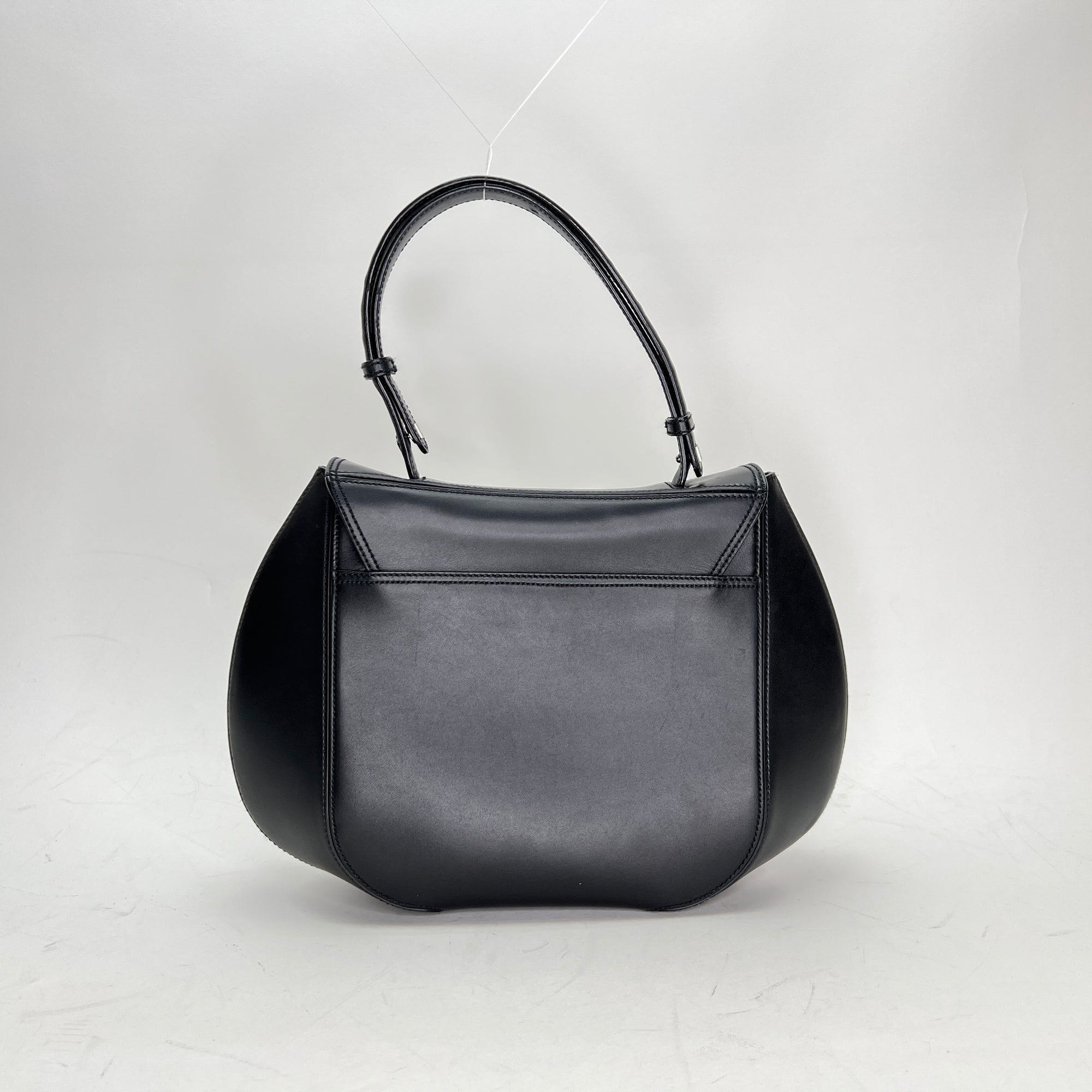 Gancini Flap Black Top Handle Bag in Calfskin, Silver hardware