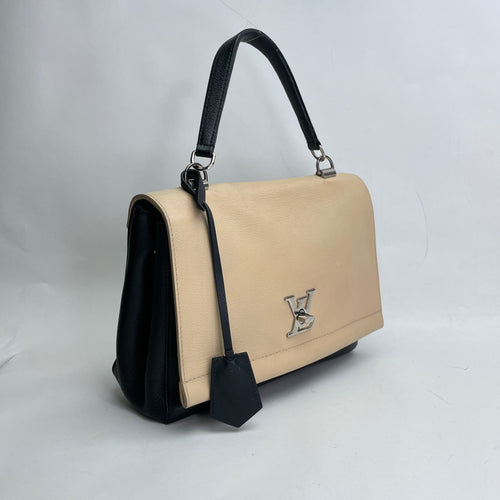 Lockme II Black Top Handle Bag in Calfskin, Silver hardware