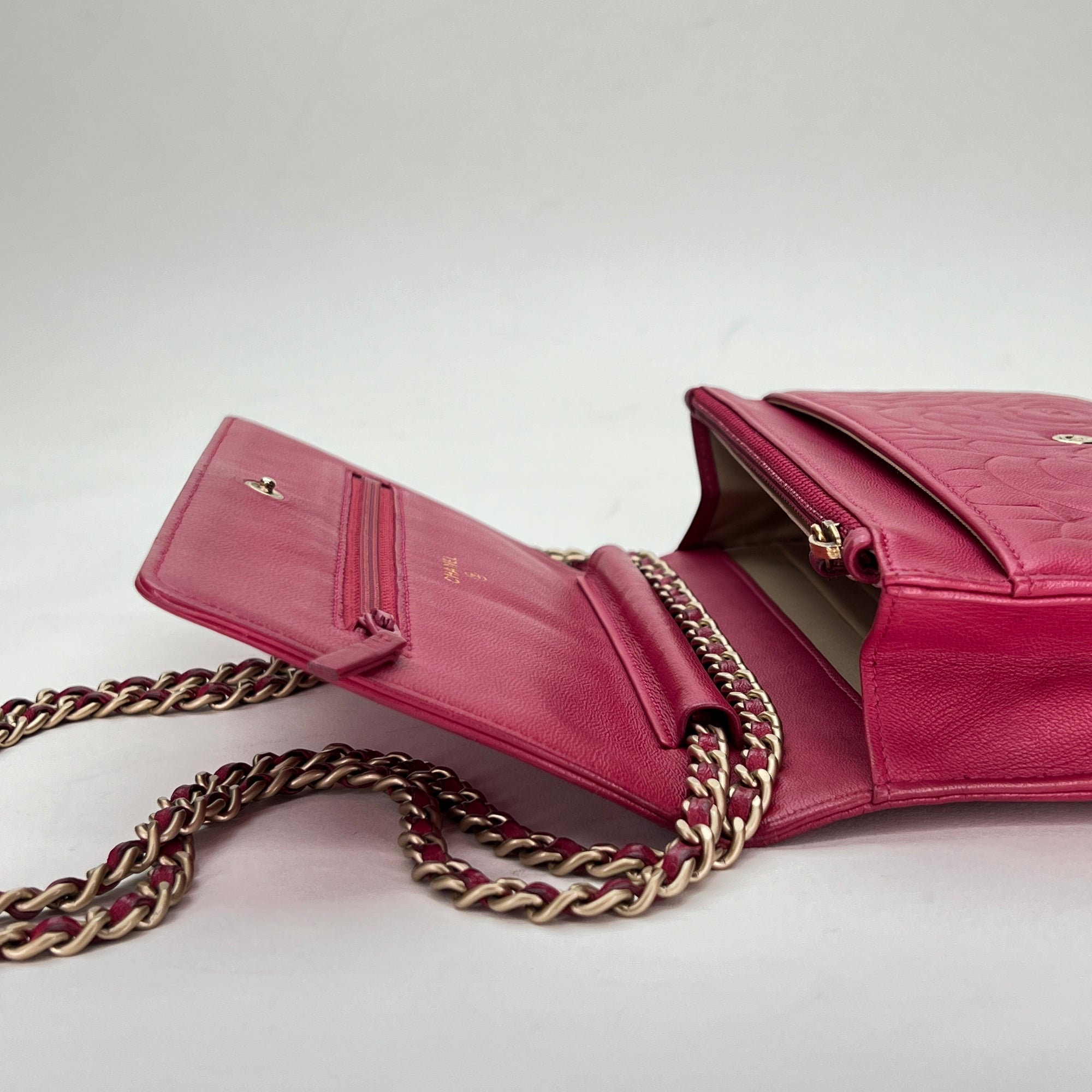 Camelia Pink Wallet on Chain in Lambskin, Gold hardware