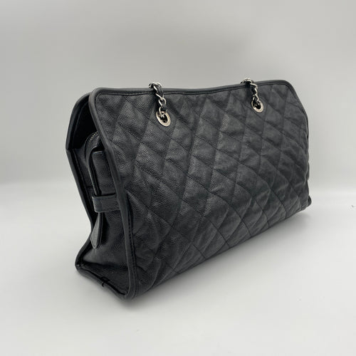 Quilted Riviera Black Tote Bag in Caviar Leather, Silver hardware