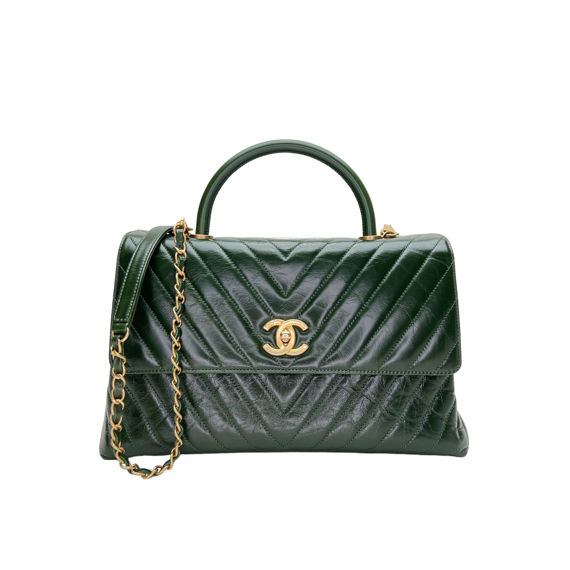 Coco Handle Coco chevron Green Top Handle Bag in Calfskin, Gold hardware