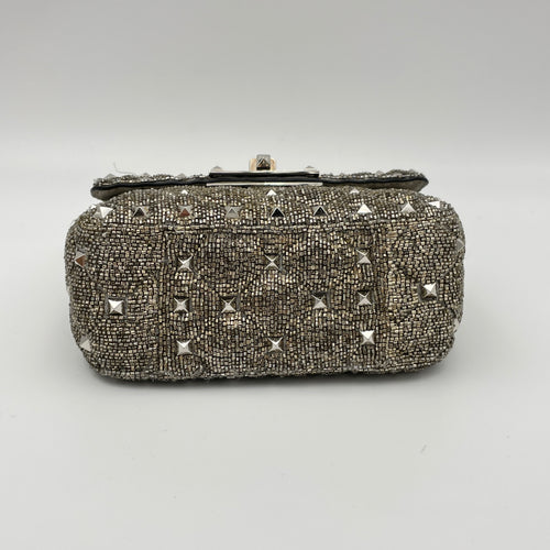 Rockstud Spike Micro Silver Crossbody Bag in Beaded Canvas, Silver hardware