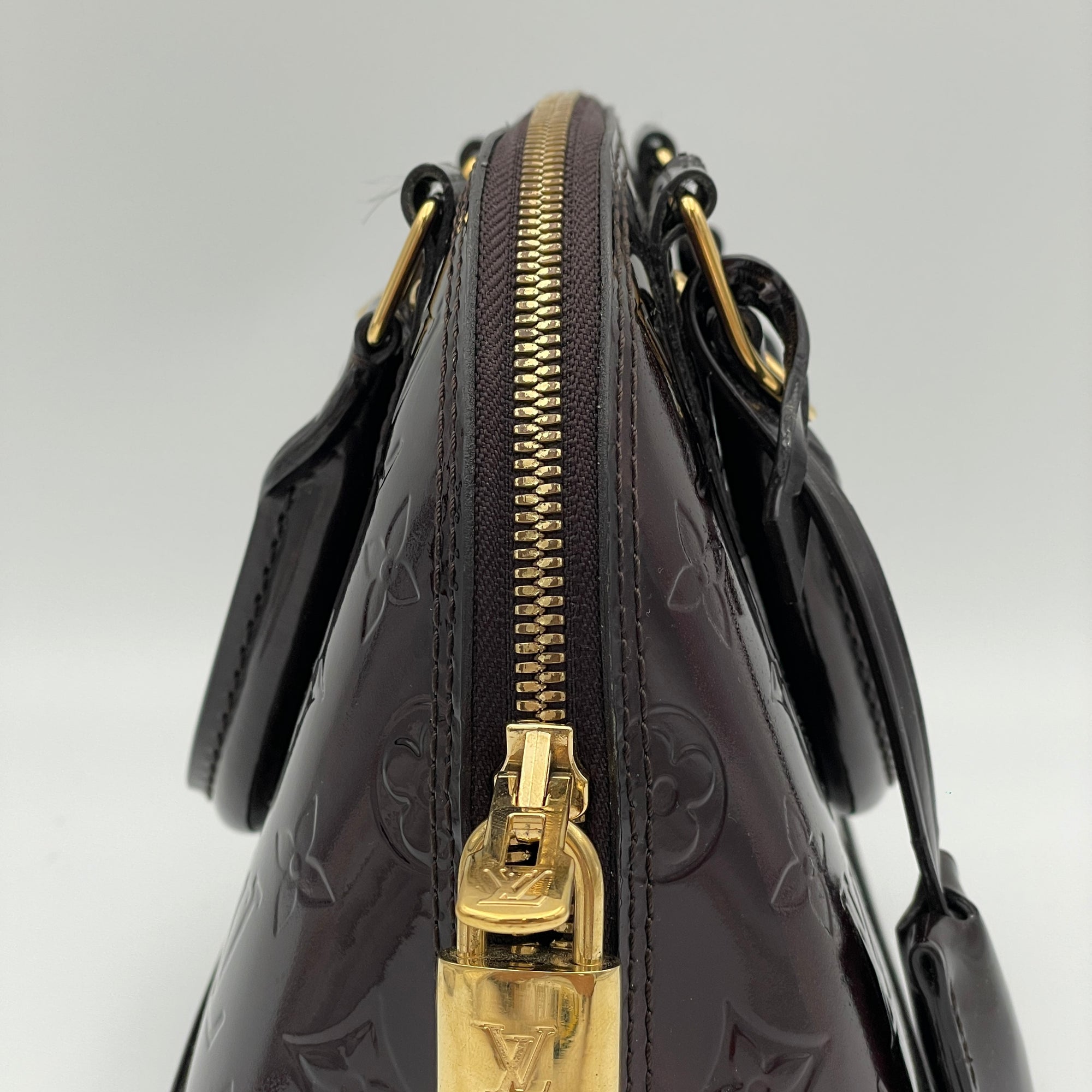 Vernis Alma BB Burgundy Top Handle Bag in Patent Leather, Gold hardware