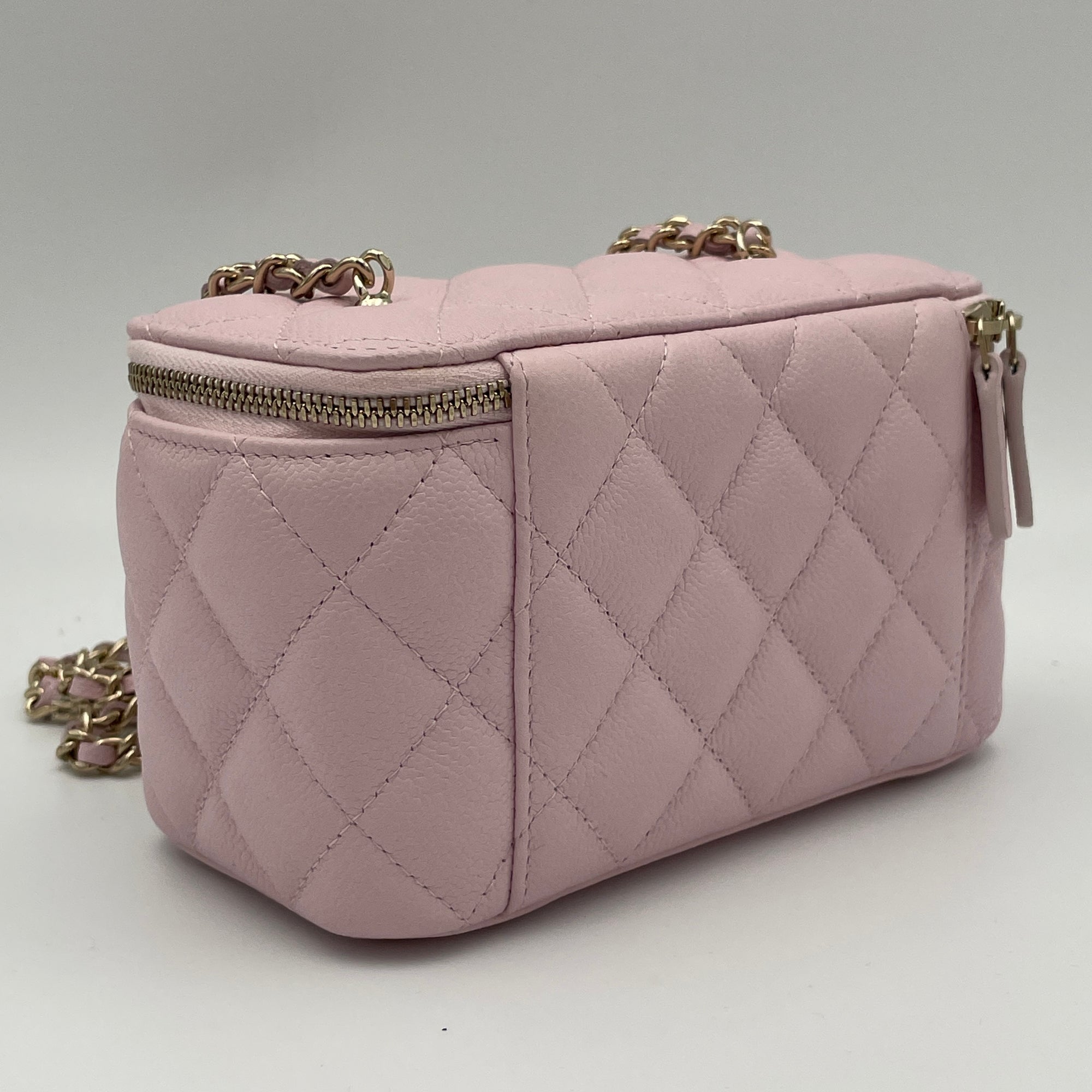 Quilted Pink Vanity Bag in Caviar Leather, Light Gold hardware