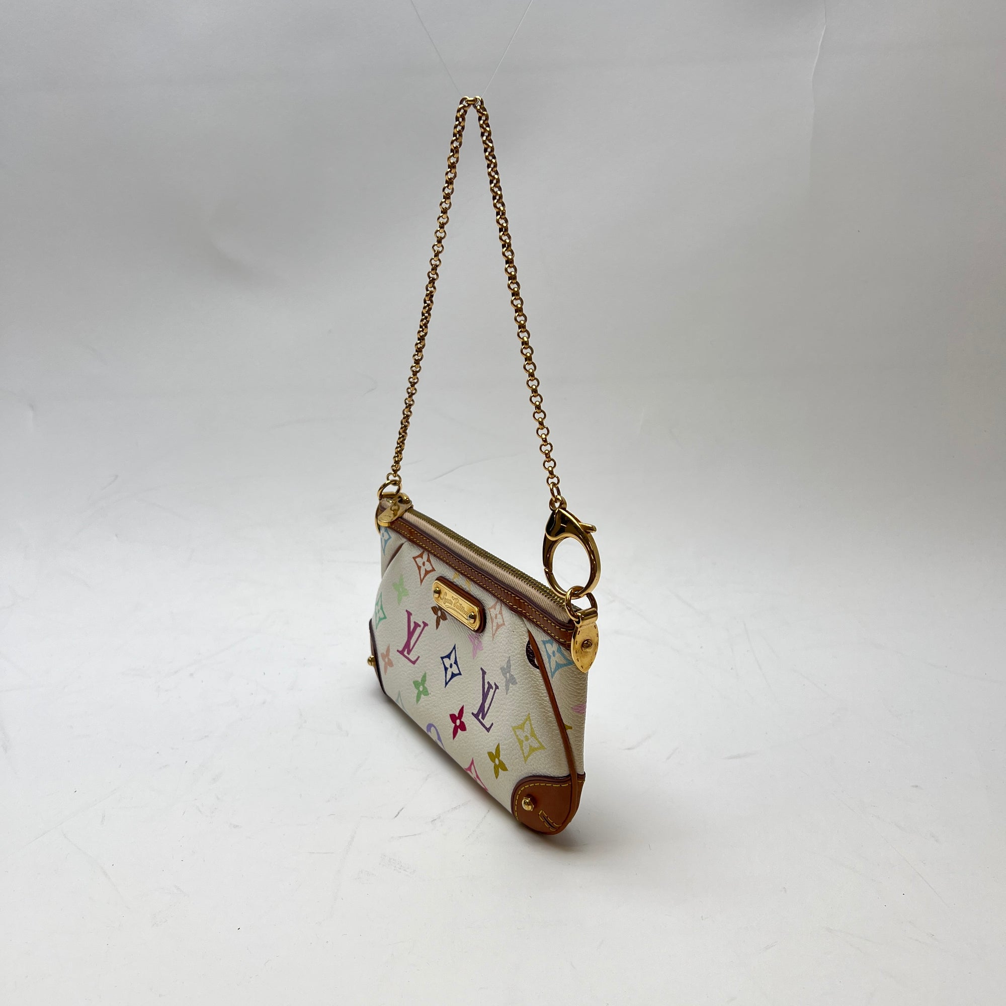 Milla Pochette MM White Shoulder Bag in Monogram Coated Canvas, Gold hardware