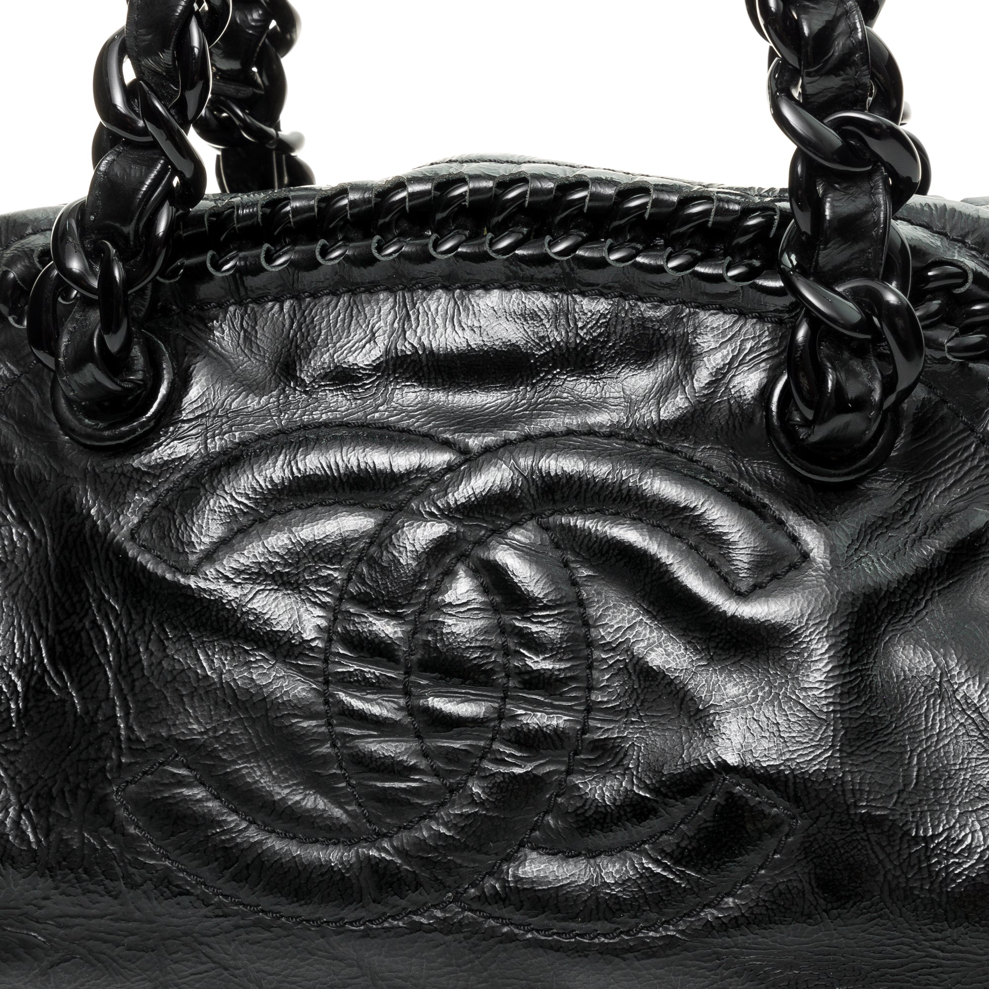 Luxe Ligne Bowler Black Shoulder Bag in Patent Leather, Silver hardware