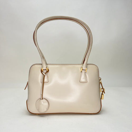 Zip Around Cream Top Handle Bag in Calfskin, Gold hardware