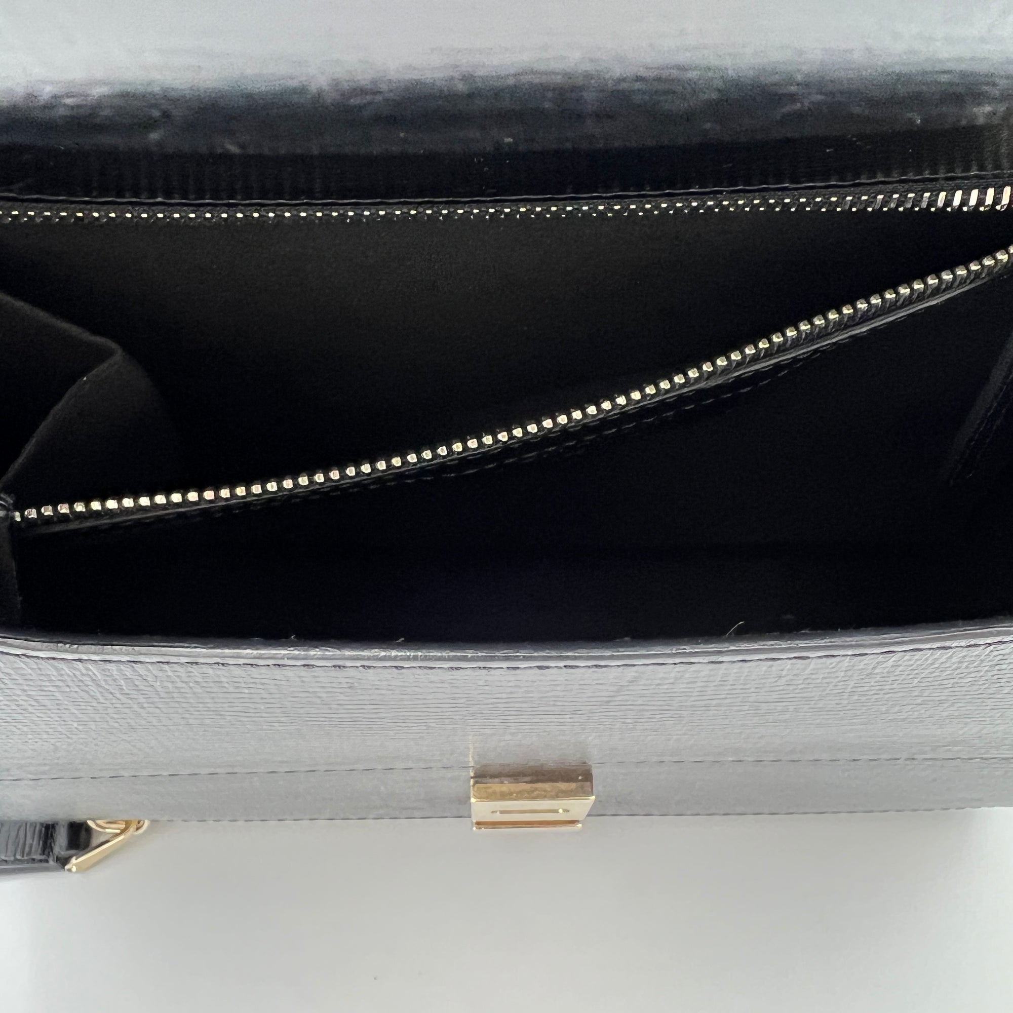 Pandora Medium Black Top Handle Bag in Calfskin, Light Gold hardware