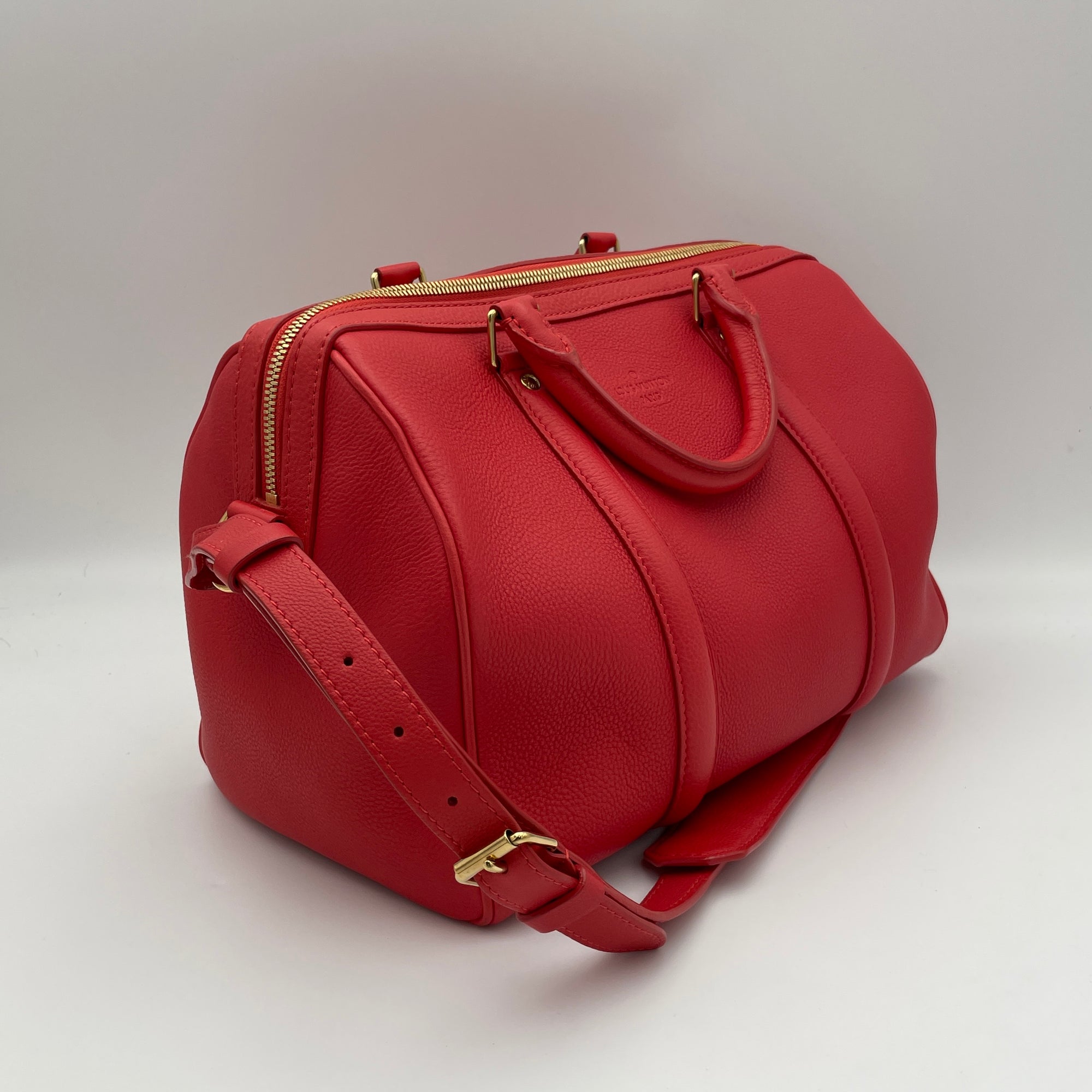 Sofia Copola Boston Red Duffle Bag in Calfskin, Gold hardware