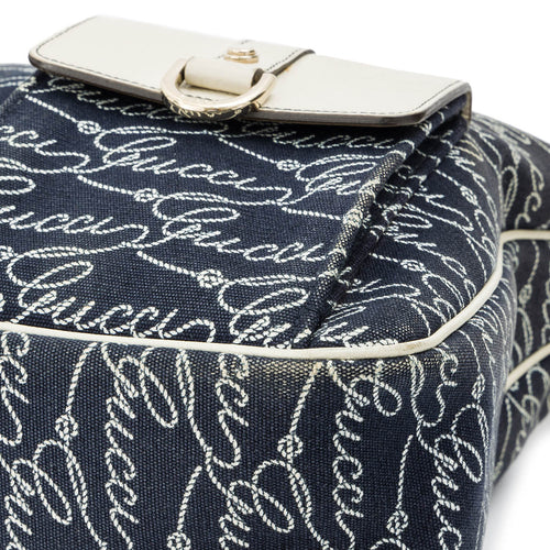 Calligraphy Navy Shoulder Bag in Denim, Light Gold hardware