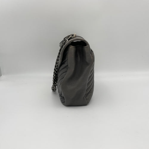 College Large Grey Top Handle Bag in Calfskin, Ruthenium hardware