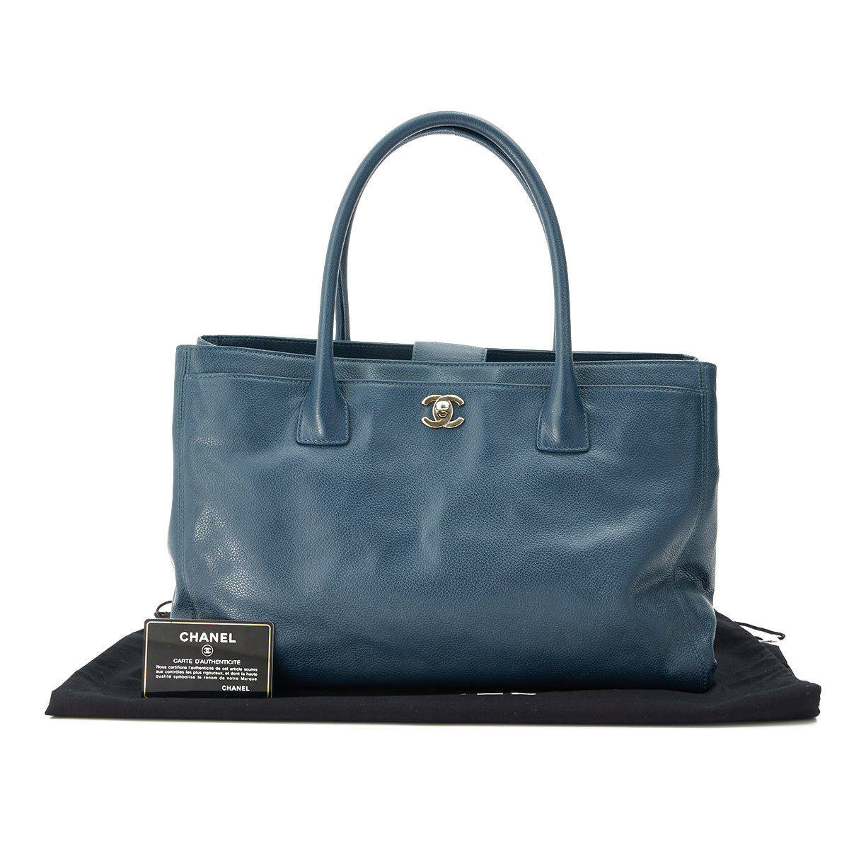 Cerf Navy Tote Bag in Calfskin, Silver hardware