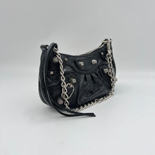 Le Cagole Mini Black Shoulder Bag in Distressed Leather, Silver hardware