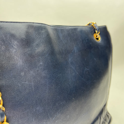 Vintage Quilted Chain Navy Tote Bag in Lambskin, Gold hardware