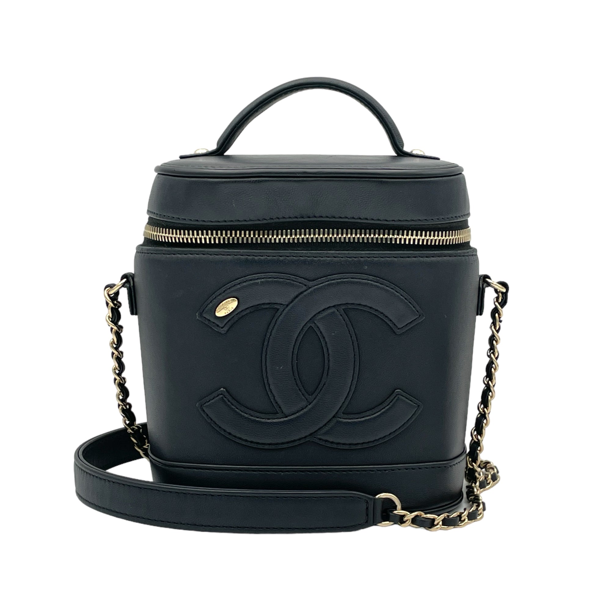 CC Vanity Black Top Handle Bag in Lambskin, Gold hardware