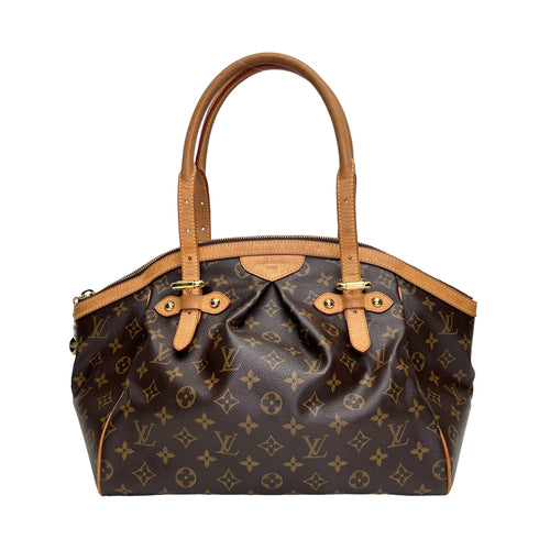 Tivoli GM Brown Top Handle Bag in Monogram Coated Canvas, Gold hardware