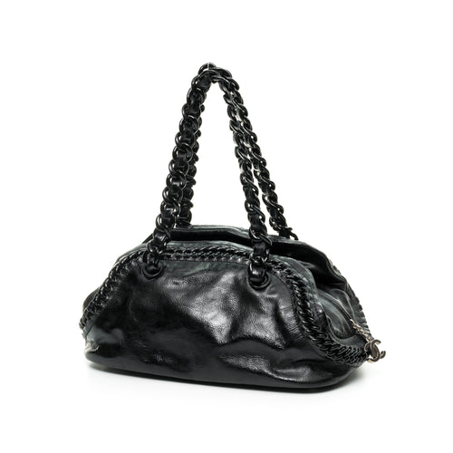 Luxe Ligne Bowler Black Shoulder Bag in Patent Leather, Silver hardware