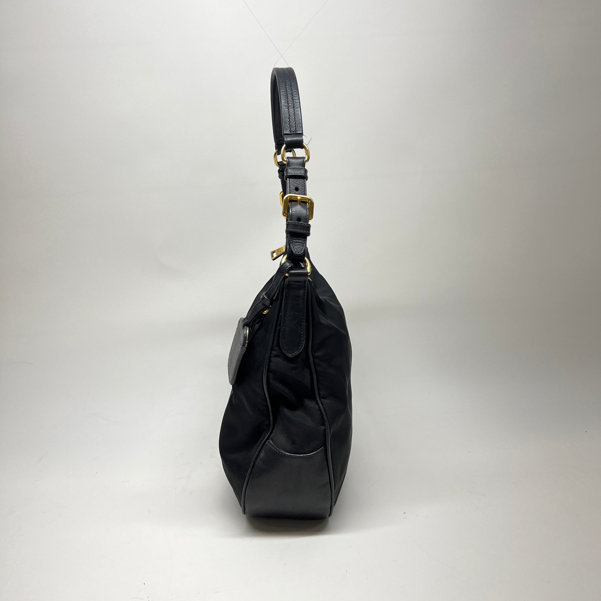 Logo Hobo Black Shoulder Bag in Nylon, Gold hardware