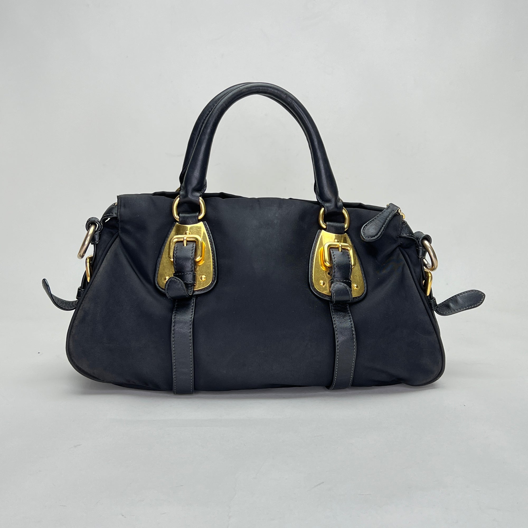 Satchel Black Top Handle Bag in Nylon, Gold hardware