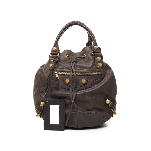 PomPon Large Brown Top Handle Bag in Lambskin, Gold hardware