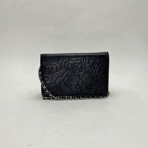 Camellia Black Wallet on Chain in Lambskin, Silver hardware