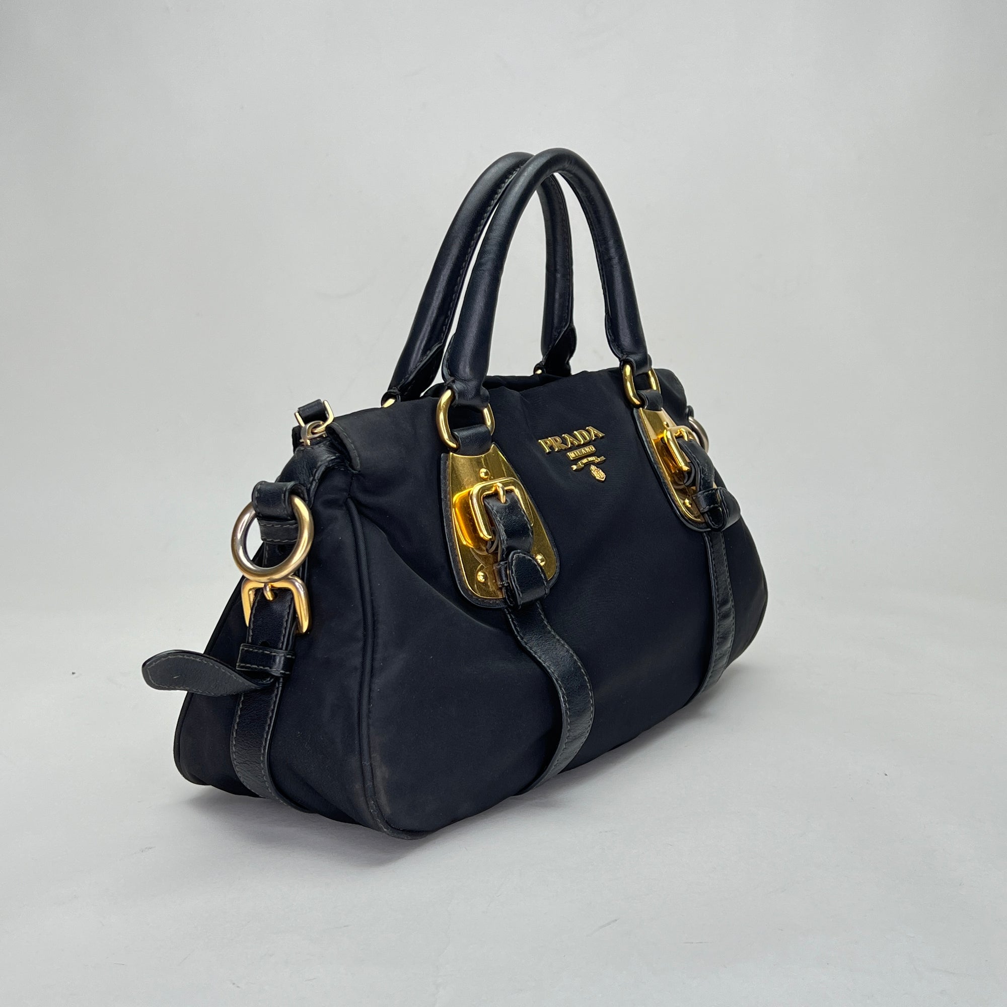 Satchel Black Top Handle Bag in Nylon, Gold hardware