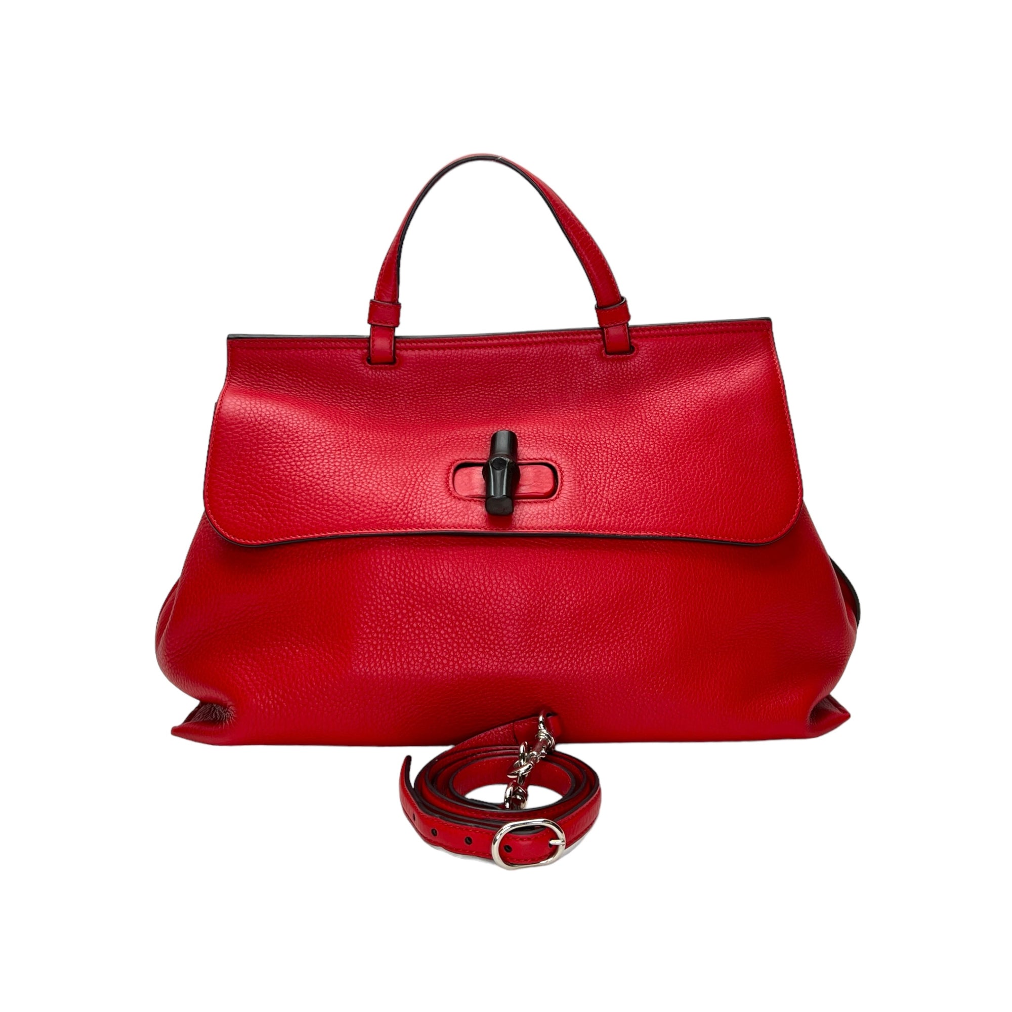 Bamboo Daily Medium Red Top Handle Bag in Calfskin, Silver hardware