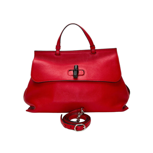 Bamboo Daily Medium Red Top Handle Bag in Calfskin, Silver hardware