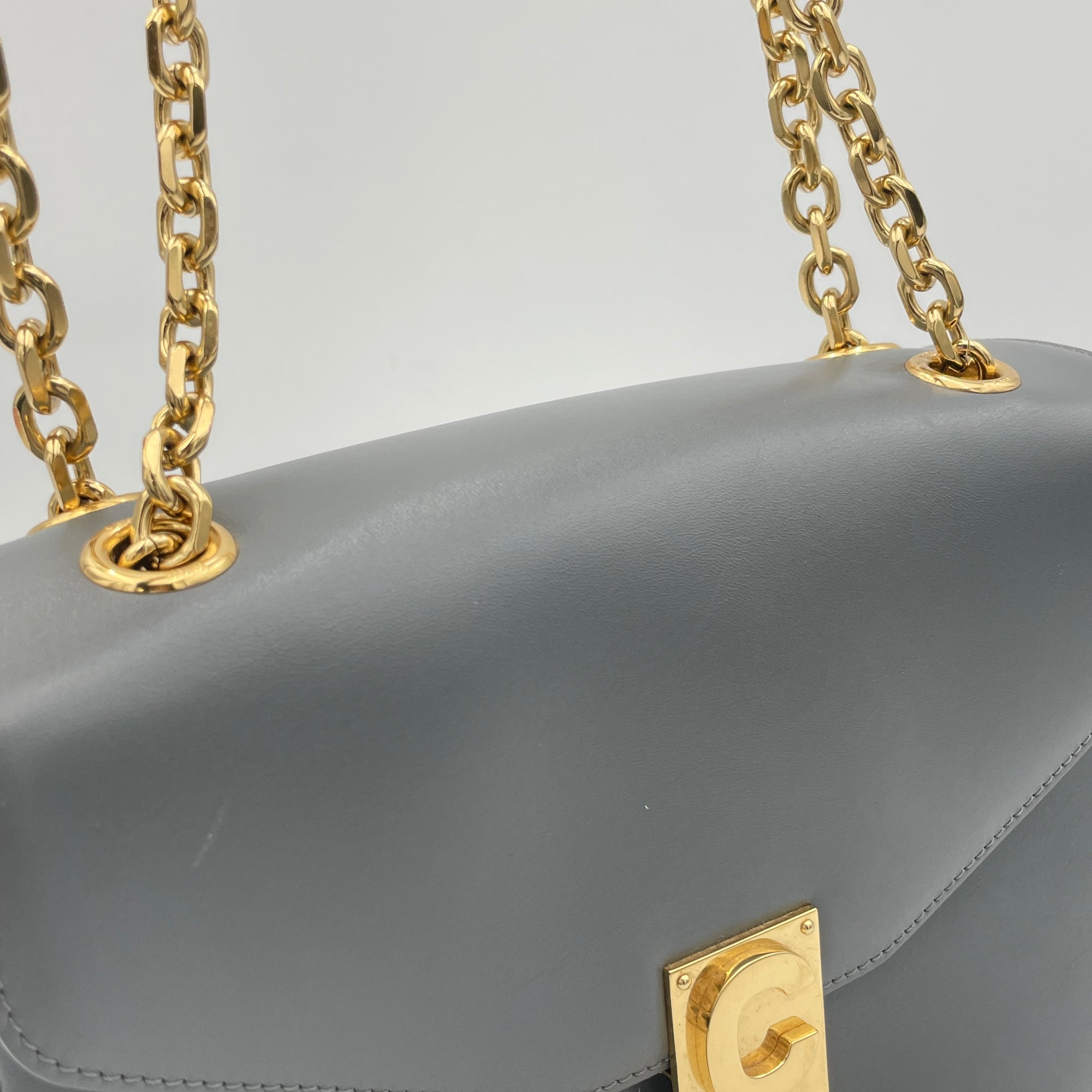 C Charm Grey Shoulder Bag in Calfskin, Gold hardware