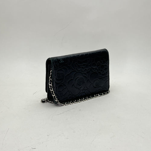 Camellia Black Wallet on Chain in Lambskin, Silver hardware