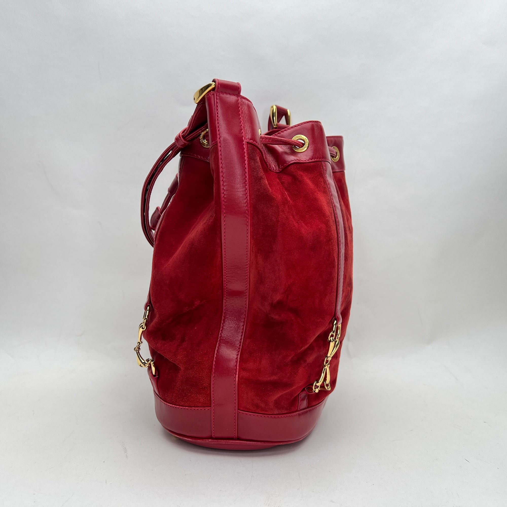 Vintage Red Bucket Bag in Suede Leather, Gold hardware