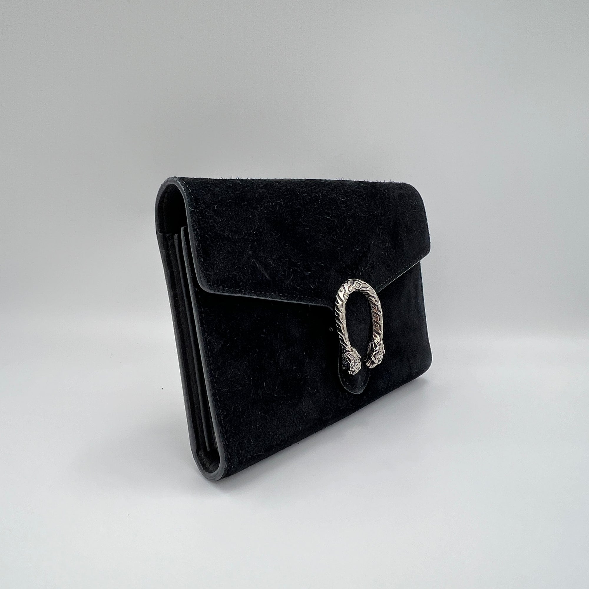 Dionysus Black Wallet on Chain in Suede Leather, Ruthenium hardware