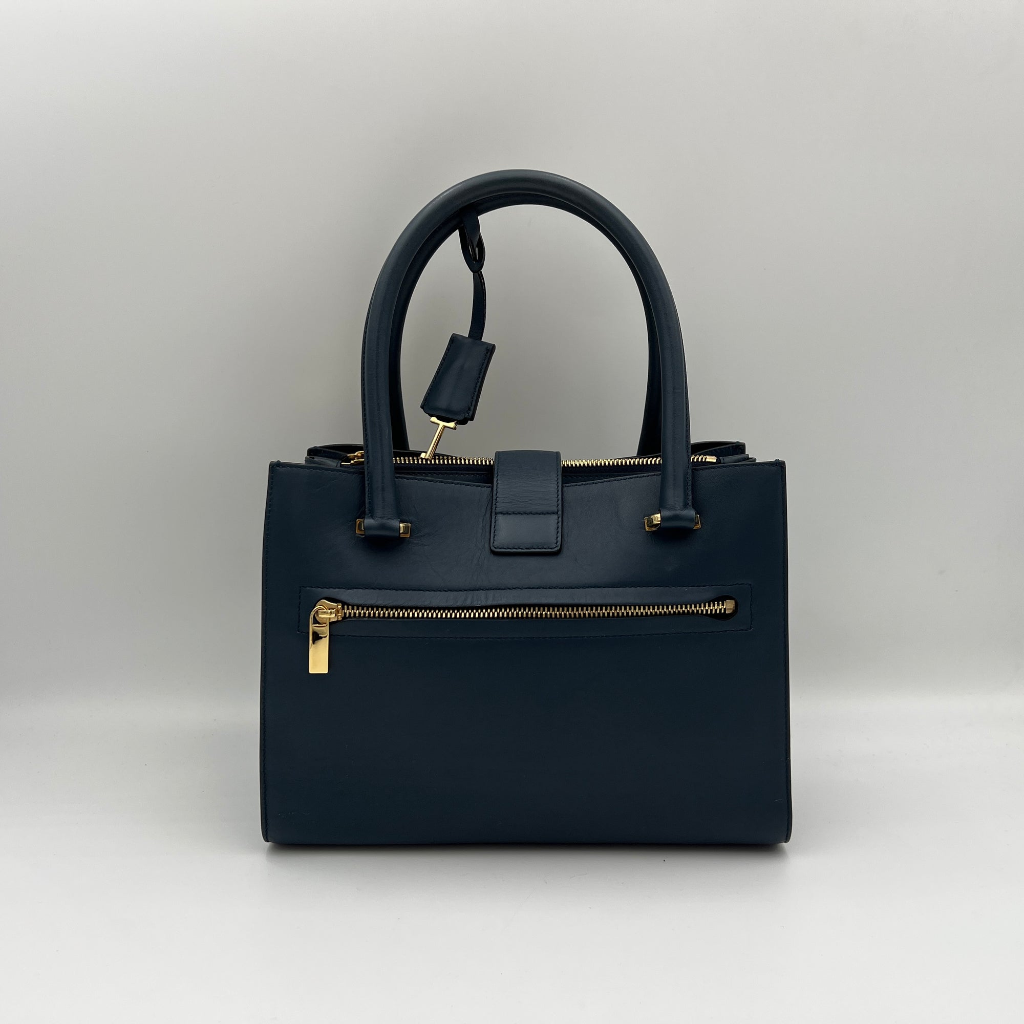 Gancini Navy Top Handle Bag in Calfskin, Gold hardware