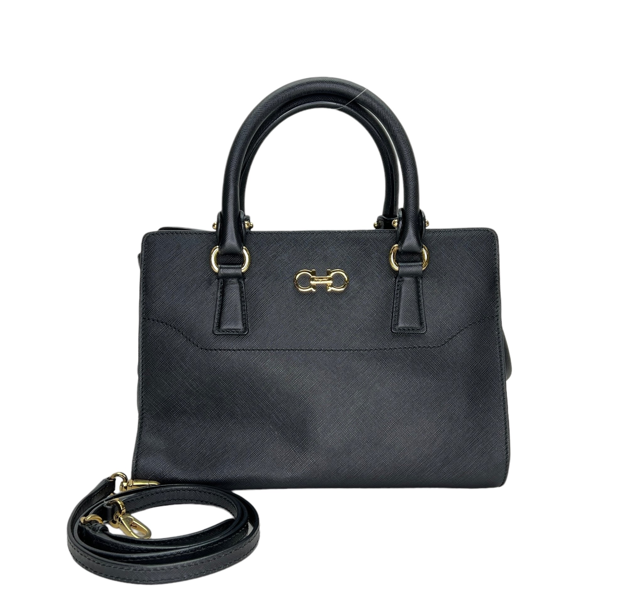 Gancini Black Top Handle Bag in Saffiano Leather, Gold hardware