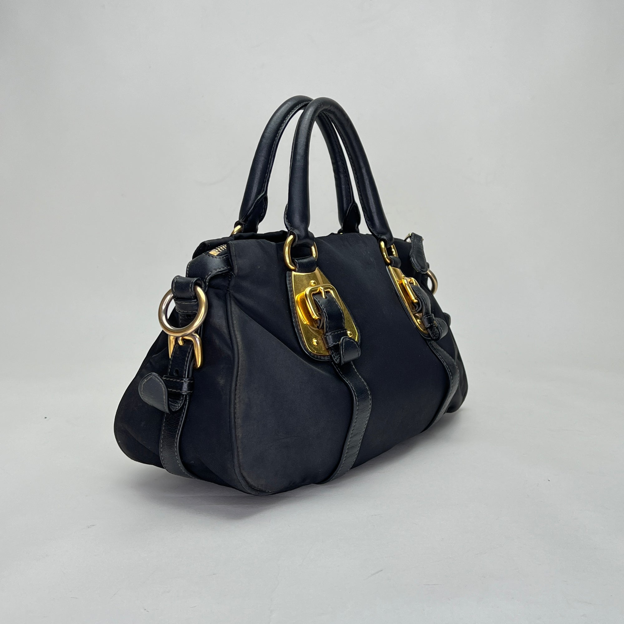 Satchel Black Top Handle Bag in Nylon, Gold hardware