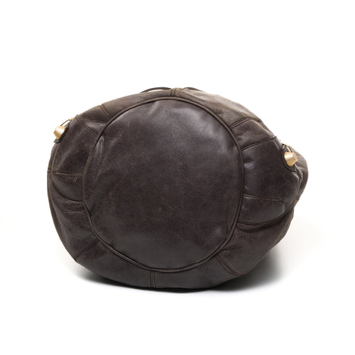 PomPon Large Brown Top Handle Bag in Lambskin, Gold hardware