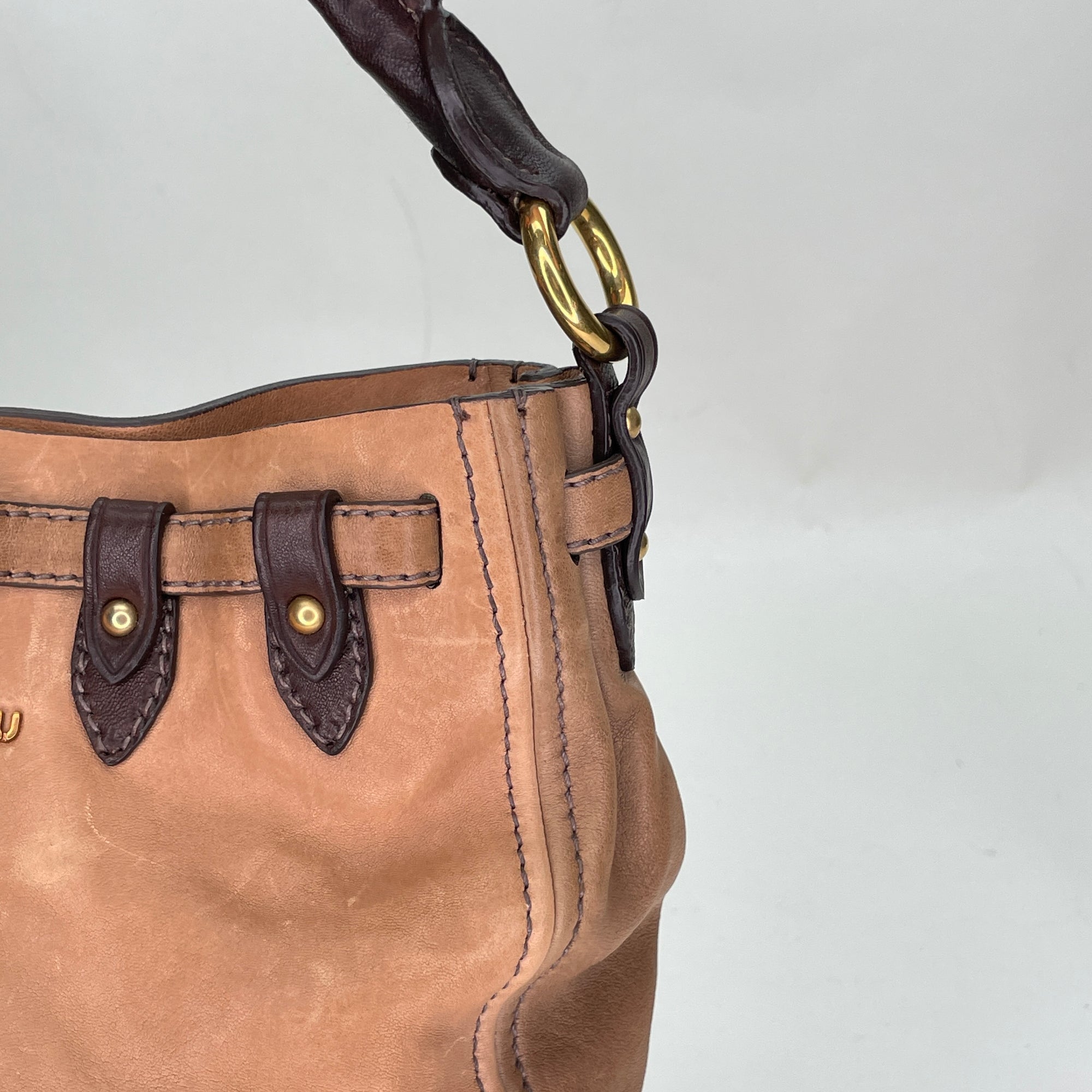 Two Way Bucket Brown Crossbody Bag in Calfskin, Gold hardware