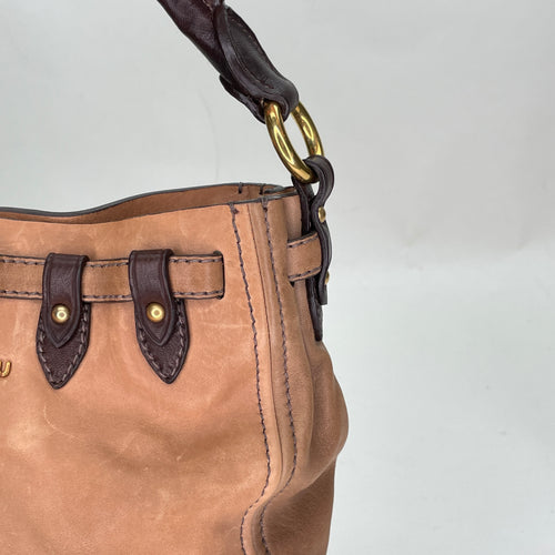 Two Way Bucket Brown Crossbody Bag in Calfskin, Gold hardware