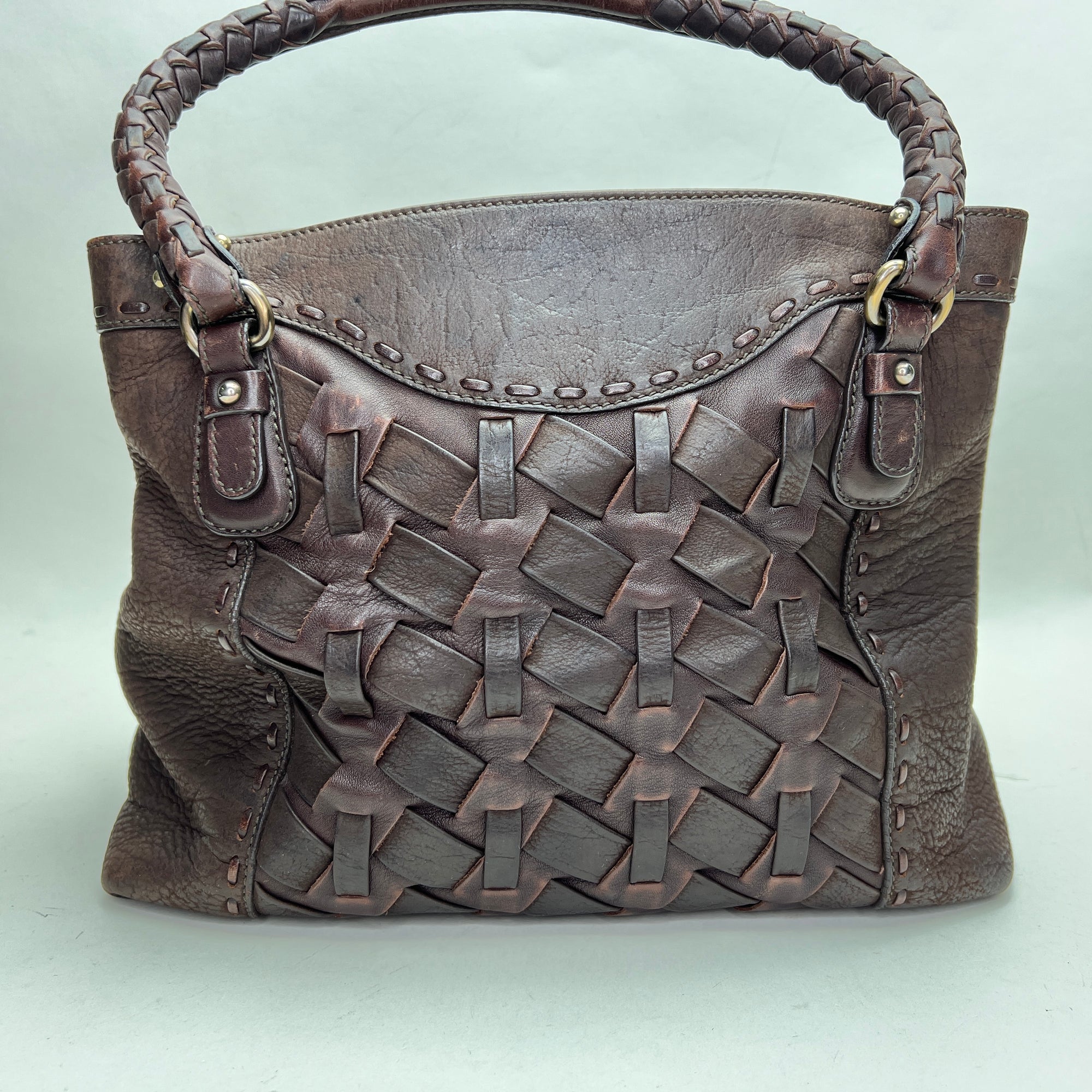 Woven Brown Top Handle Bag in Calfskin, Antique Brass hardware