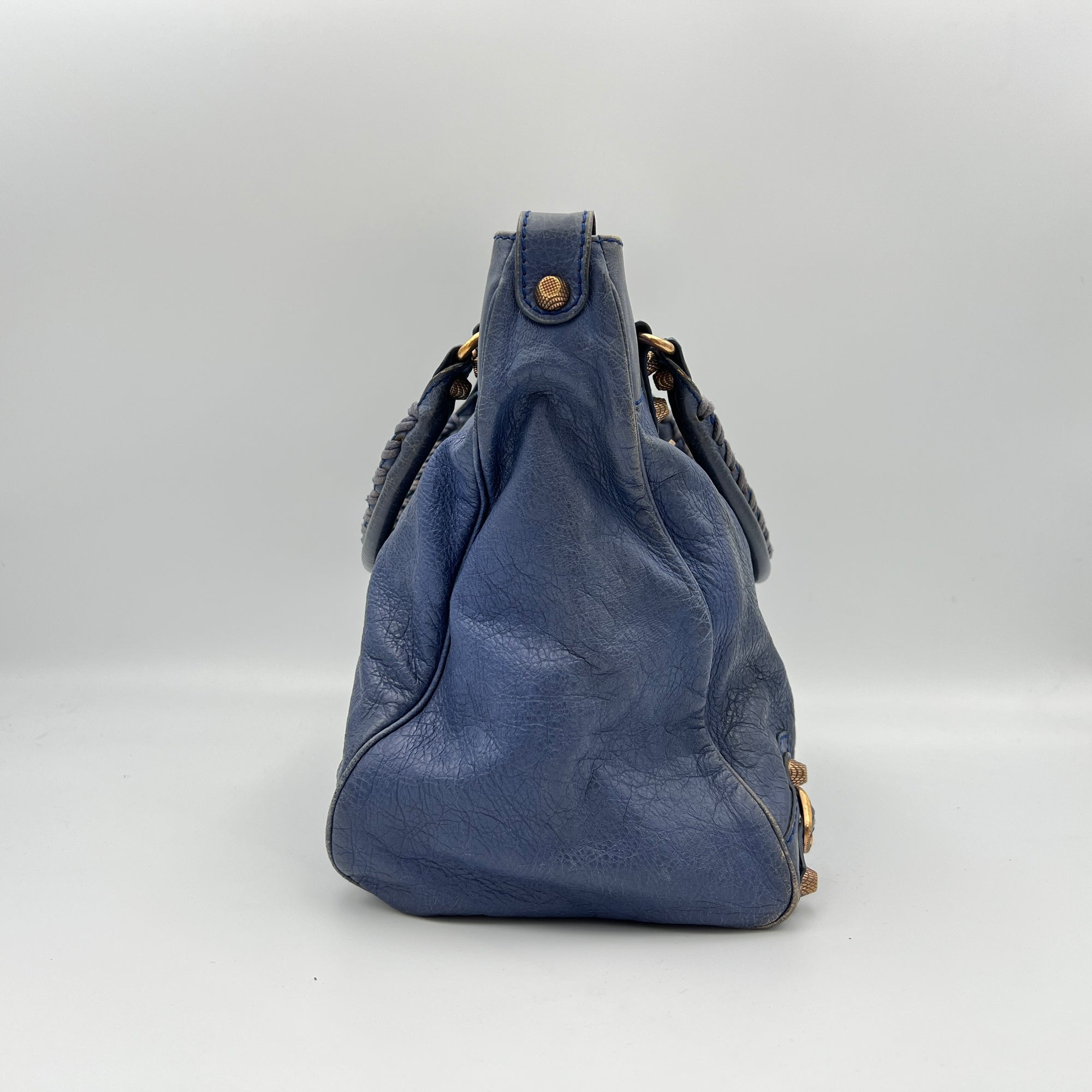 Velo Blue Top Handle Bag in Distressed Leather, Antique Brass hardware