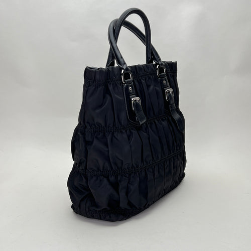 Gaufre Black Top Handle Bag in Nylon, Silver hardware