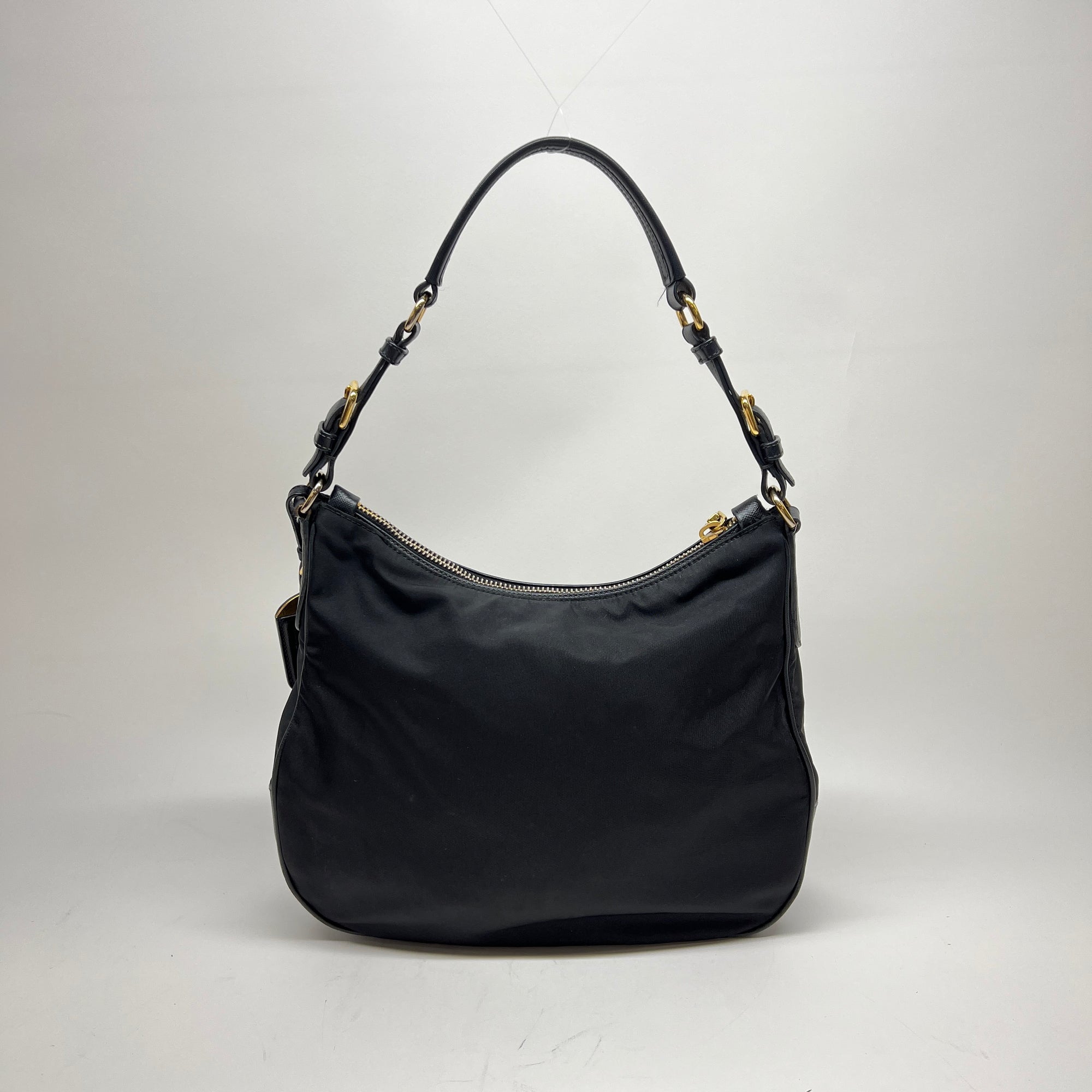 Logo Hobo Black Shoulder Bag in Nylon, Gold hardware