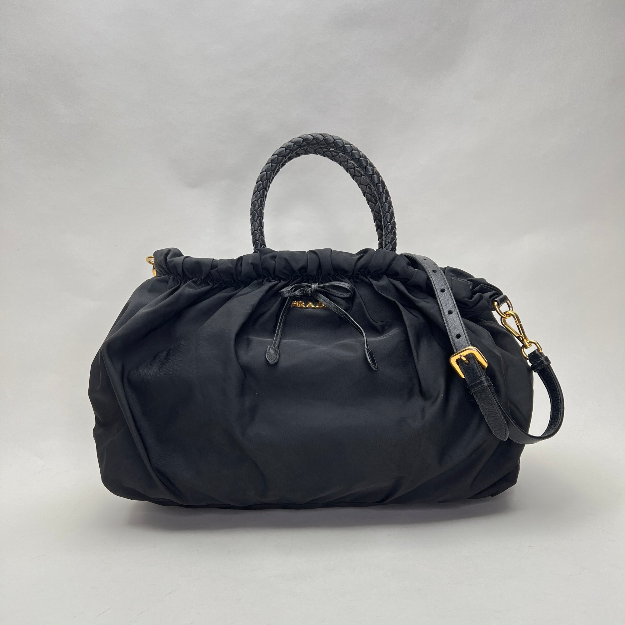 Braided Top Handle Bag Black Top Handle Bag in Nylon, Gold hardware