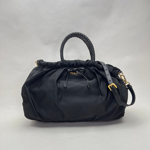 Braided Top Handle Bag Black Top Handle Bag in Nylon, Gold hardware